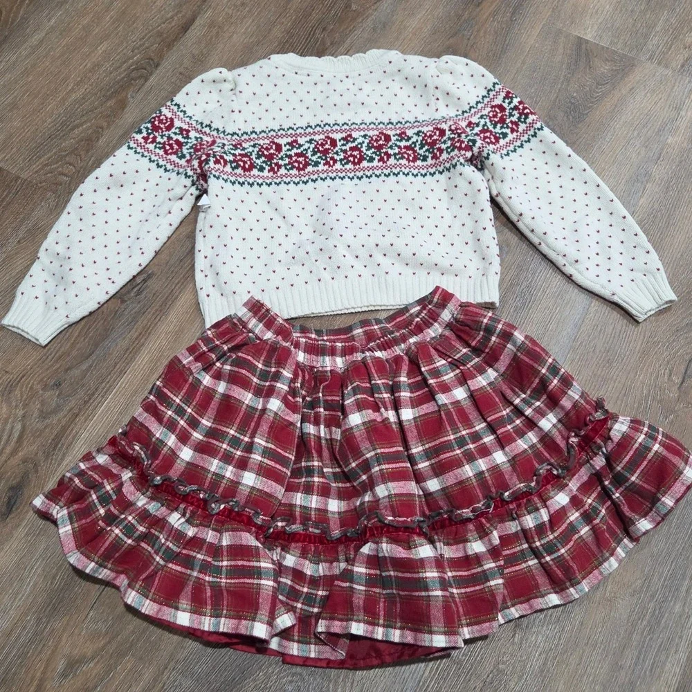 Tommy Bahama Kids Girls Red Plaid Skirt and Fair Isle Floral Sweater Set Size 6